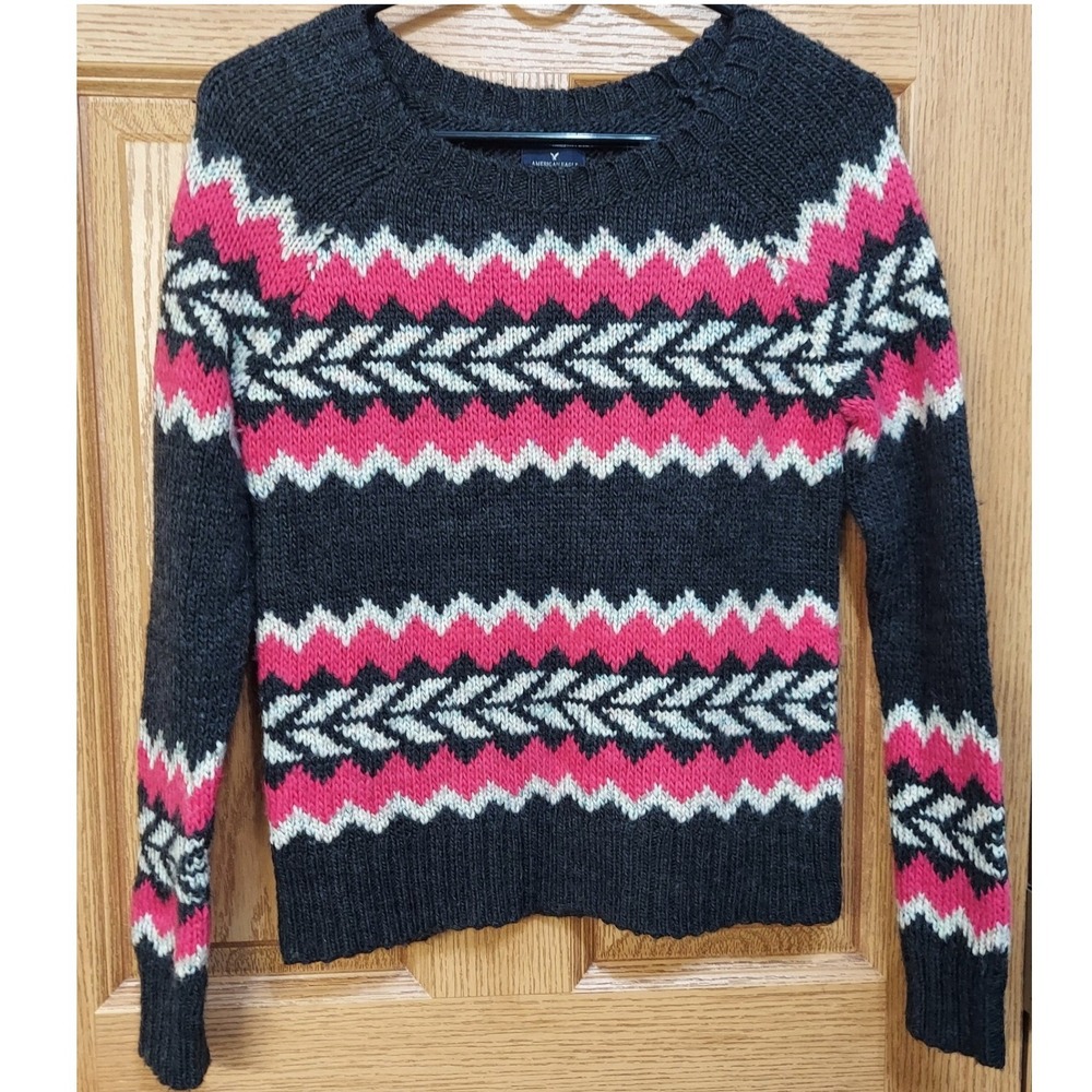 American Eagle Fair Isle Wool Blend Sweater Gray Pink Knit Womens XS